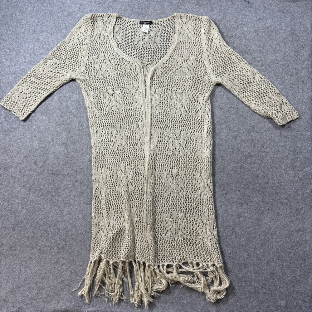 Vivid Importers Womens 777 Cardigan L Beige Open Knit Crochet Fringe Hem